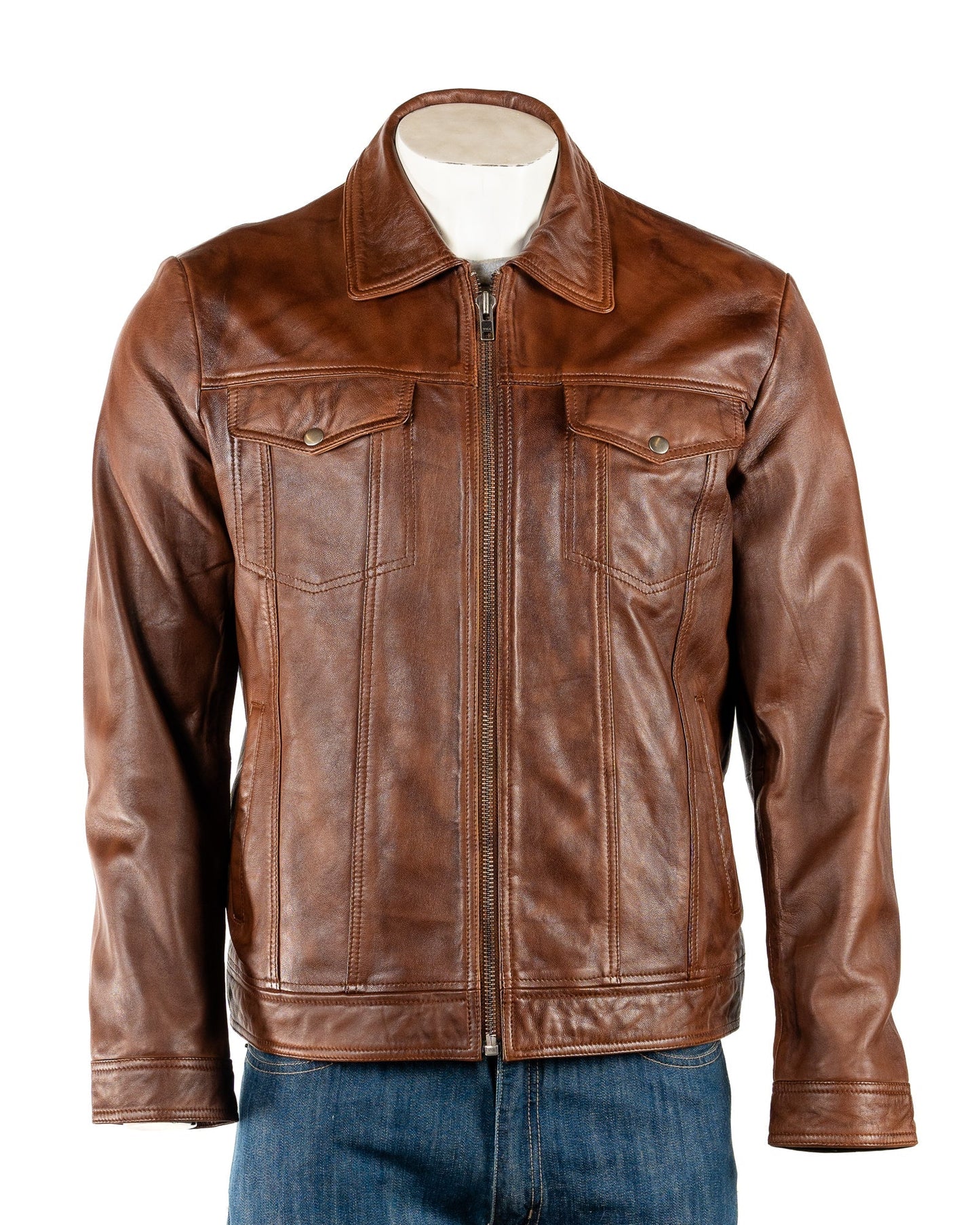Men's Slim Fit Smart Chestnut Leather Jacket: Brooklyn