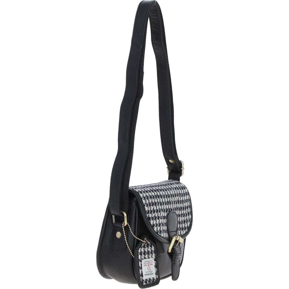 Ladies Black Leather & Harris Tweed Saddle Bag