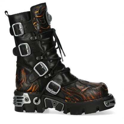 NEW ROCK - M-591-C58 Black Flame Leather Mid Calf Boots