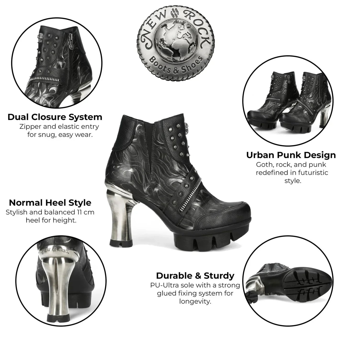 NEW ROCK - NEOPUNK001-C19 Women's Black Leather Heeled Punk Boots