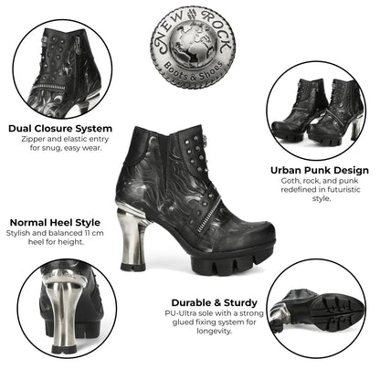 NEW ROCK - NEOPUNK001-C19 Women's Black Leather Heeled Punk Boots