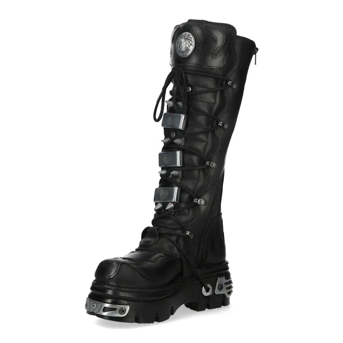 NEW ROCK - M-161-C10 Black Spiked Knee High Leather Platform Boots