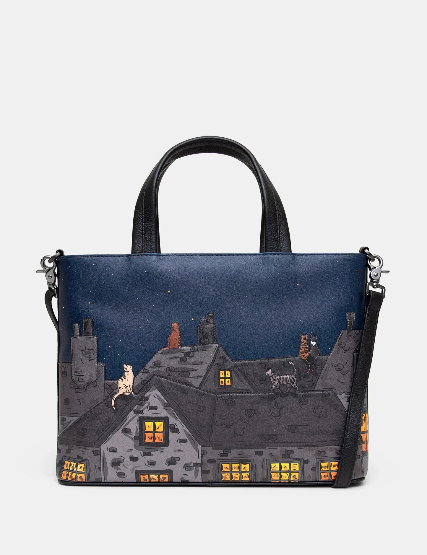 Yoshi - Stargazing Cats Leather Grab Bag with Detachable Shoulder Strap