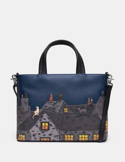Yoshi - Stargazing Cats Leather Grab Bag with Detachable Shoulder Strap