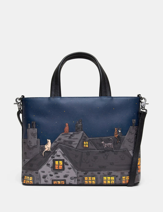 Yoshi - Stargazing Cats Leather Grab Bag with Detachable Shoulder Strap