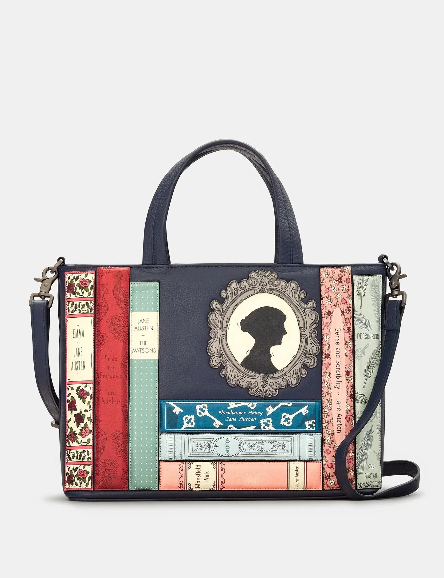Yoshi - Jane Austen Bookworm Navy Leather Grab Bag with Detachable Shoulder Strap