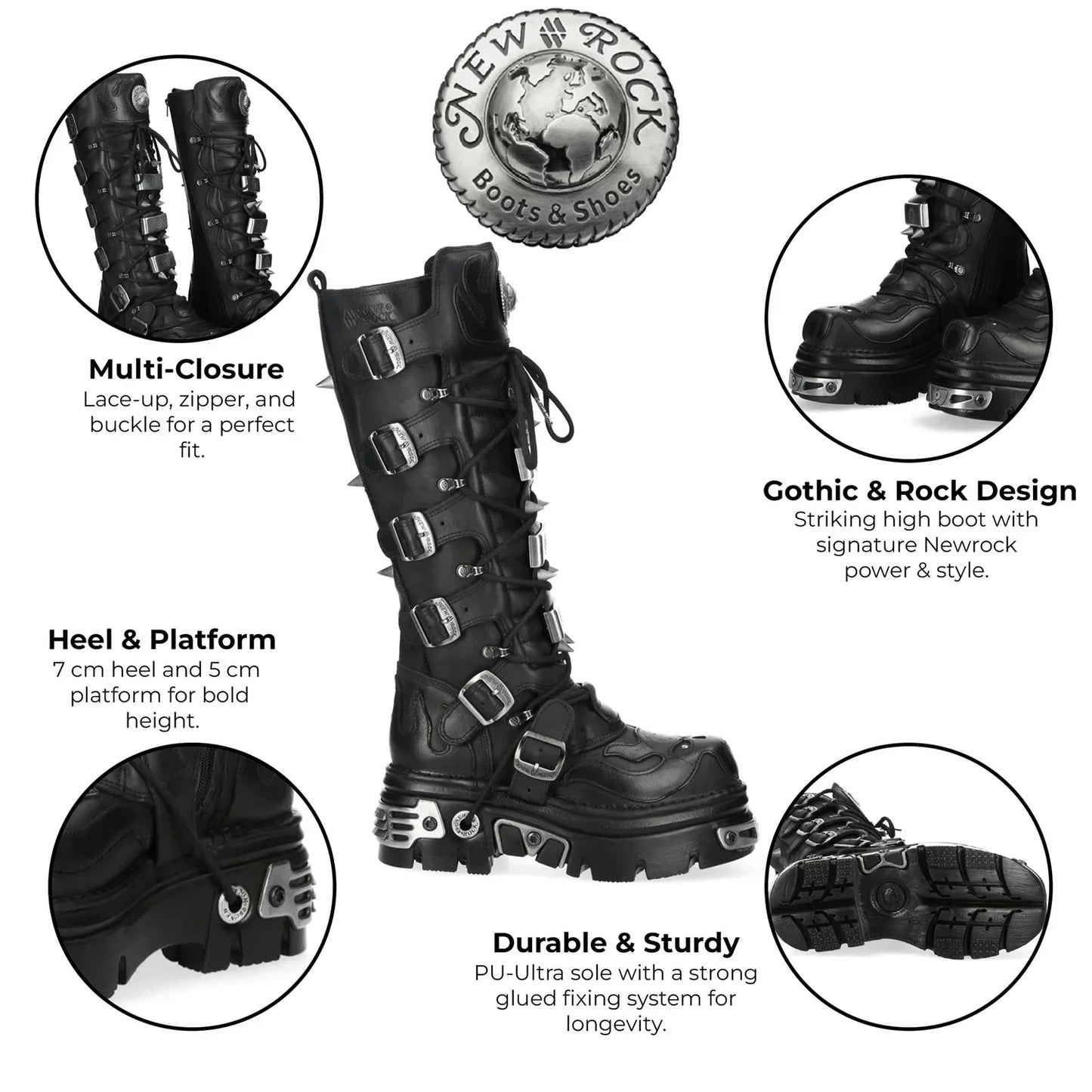 NEW ROCK - M-161-C10 Black Spiked Knee High Leather Platform Boots