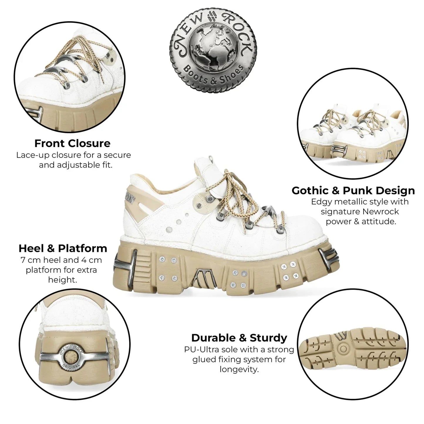 NEW ROCK - M-120N-C80 White & Beige Leather Platform Boots