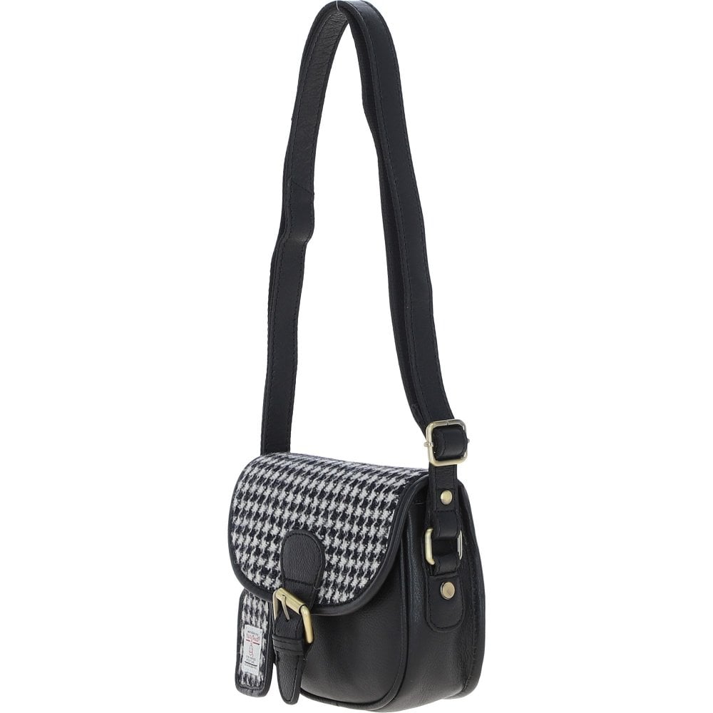 Ladies Black Leather & Harris Tweed Saddle Bag