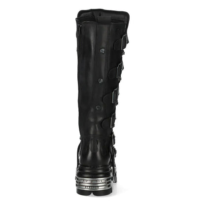 NEW ROCK - M-161-C10 Black Spiked Knee High Leather Platform Boots