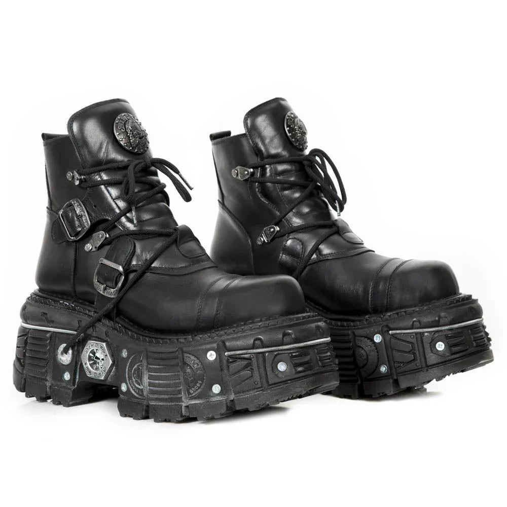 NEW ROCK - M-TANK007-S1 Black Leather Platform Combat Boots