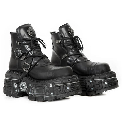 NEW ROCK - M-TANK007-S1 Black Leather Platform Combat Boots