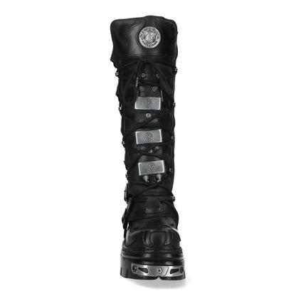 NEW ROCK - M-161-C10 Black Spiked Knee High Leather Platform Boots