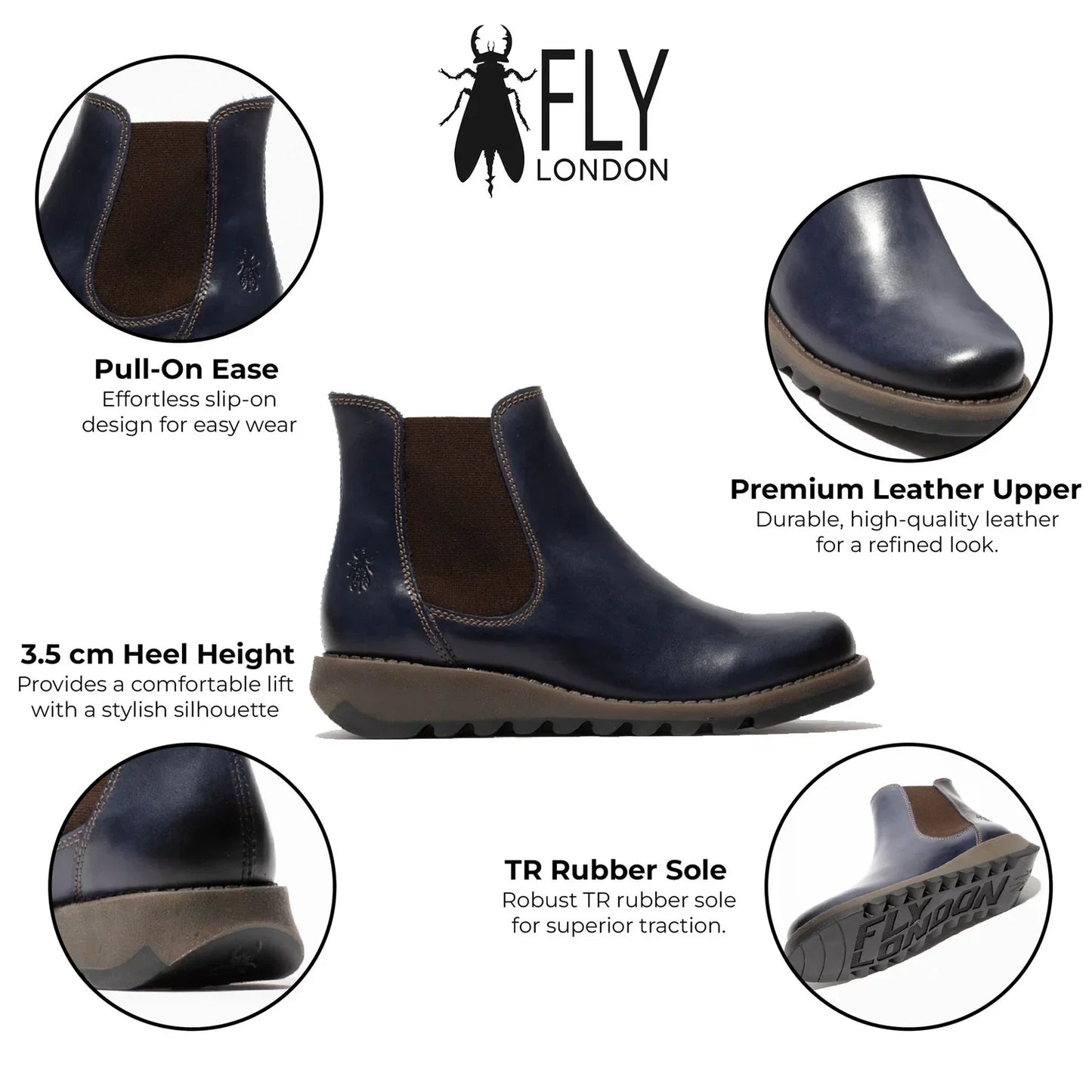 Fly London - SALV Women's Blue Leather Wedge Chelsea Boots